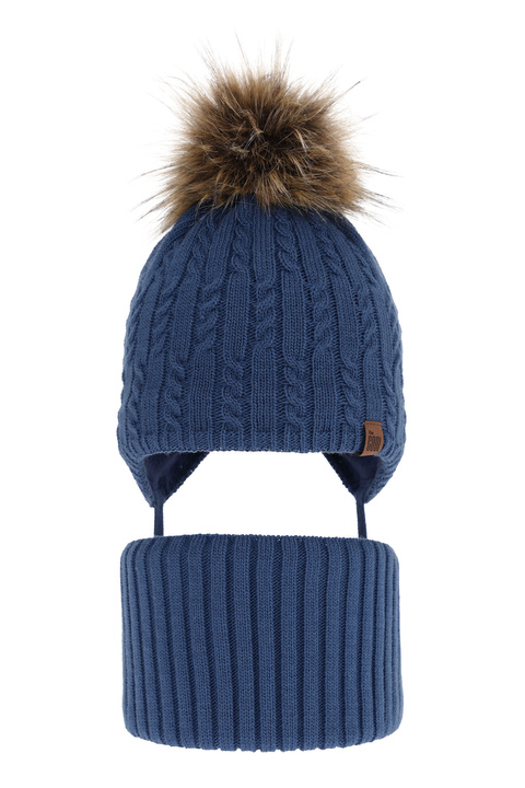 Boy's winter set: hat and tube scarf blue Indigo with pompom