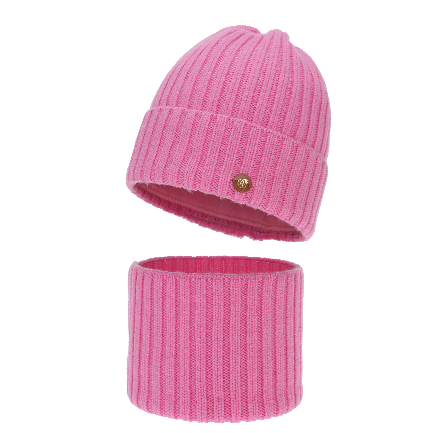 Girl's winter set: hat and tube scarf, pink, 100% merino wool, cotton lining, Vanira