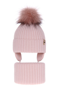 Girl's winter set: hat and tube scarf pink Preria with pompom