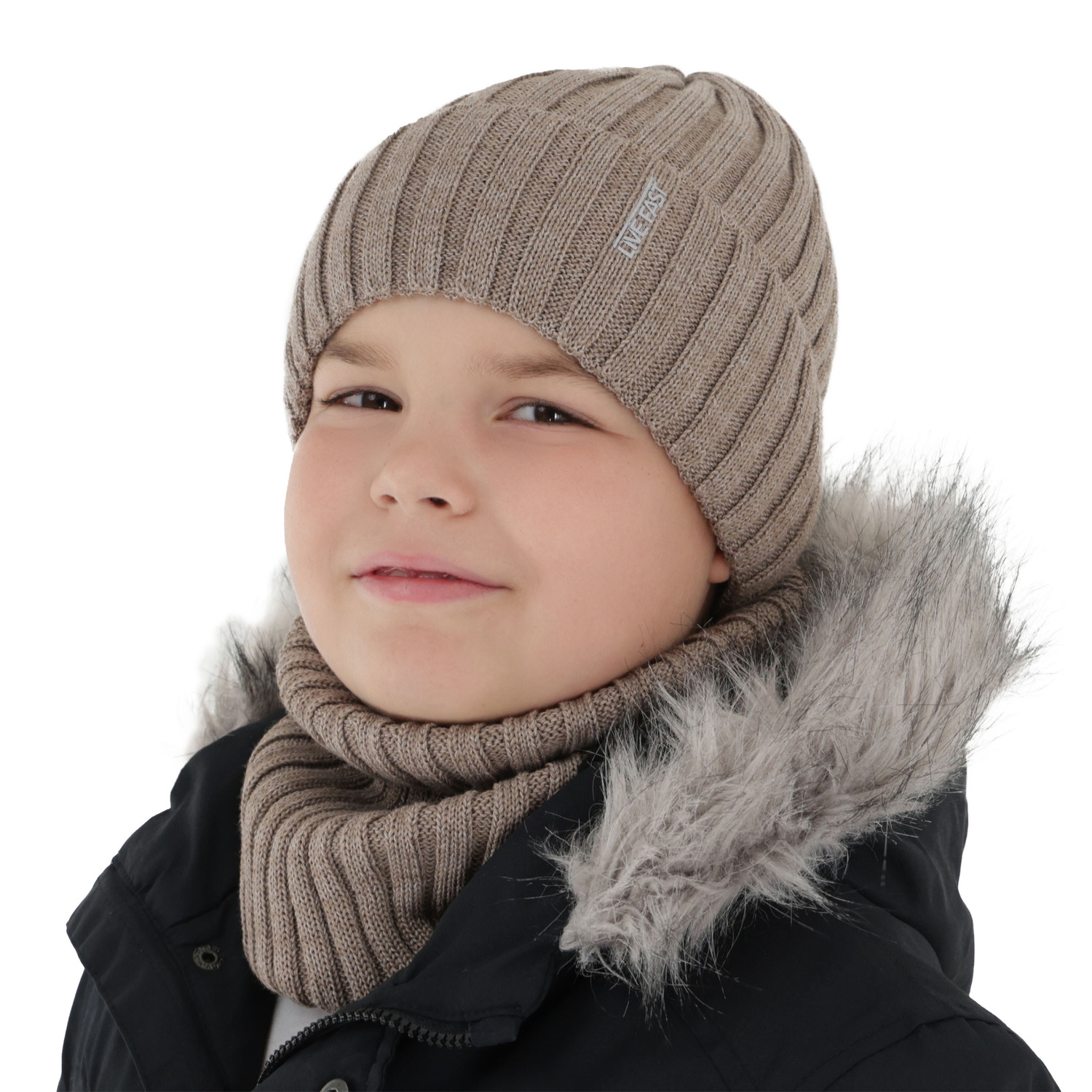 Boy's winter set: hat and tube scarf, beige, with merino wool, fleece lining, Banasko