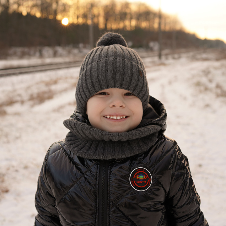 Boy's winter set: hat and tube scarf grey Wiliam with pompom