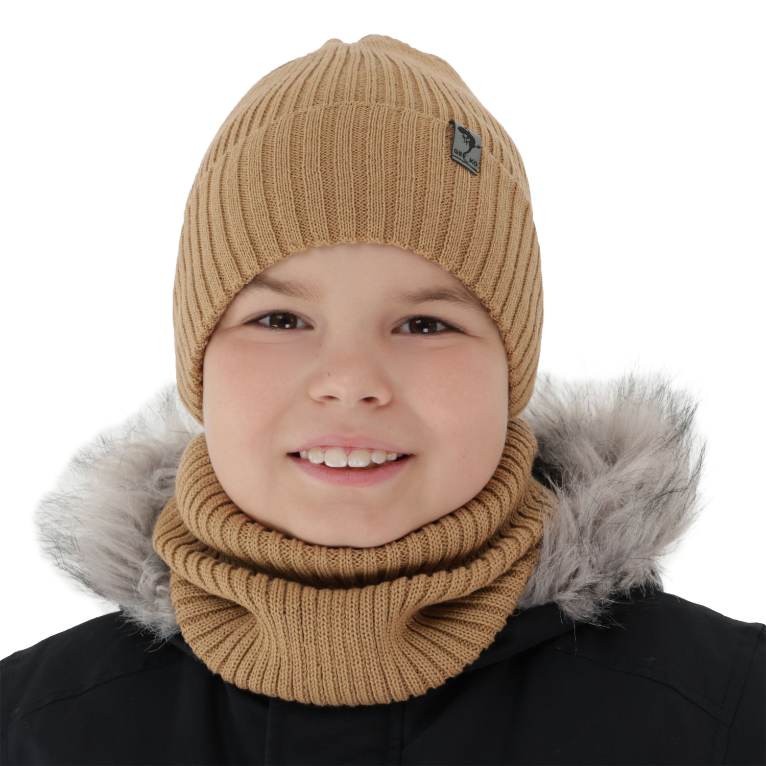 Boy's winter set: hat and tube scarf camel merino wool Gecko