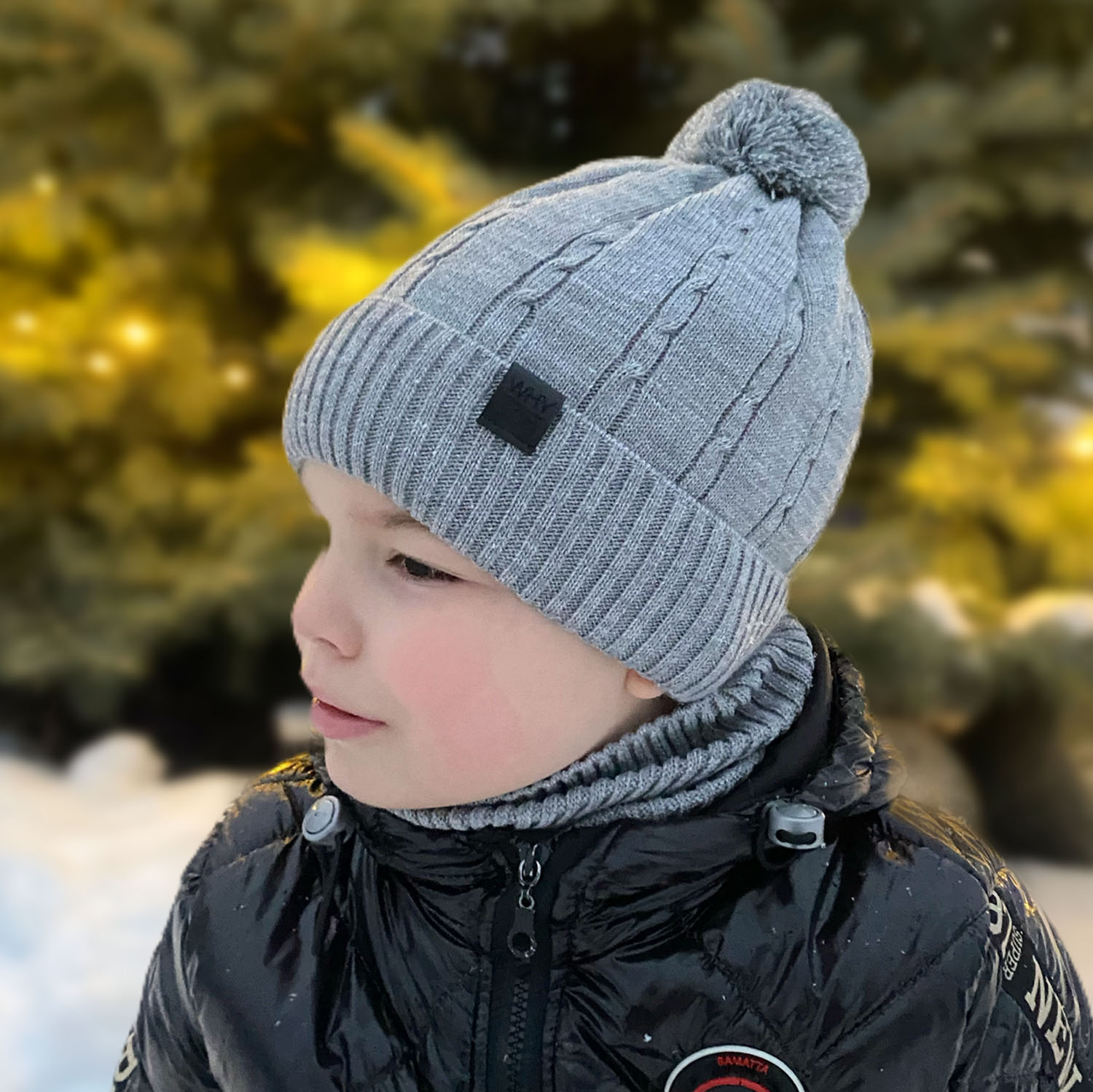 Boy's winter set: hat and tube scarf black Deny with pompom