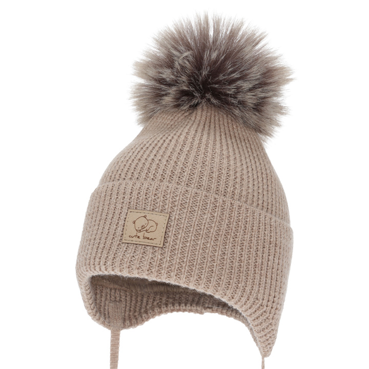Boy's winter hat, beige, with ears, 100% merino wool, Jergen