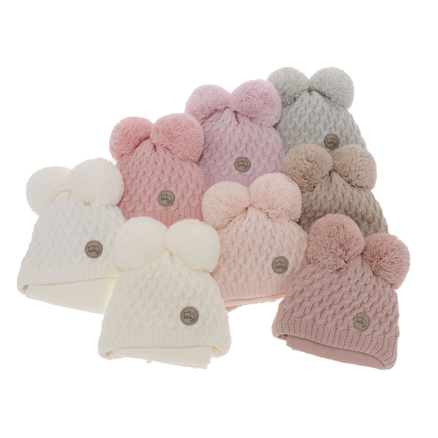 Girls winter set hat and scarf beige with two pompoms Anava