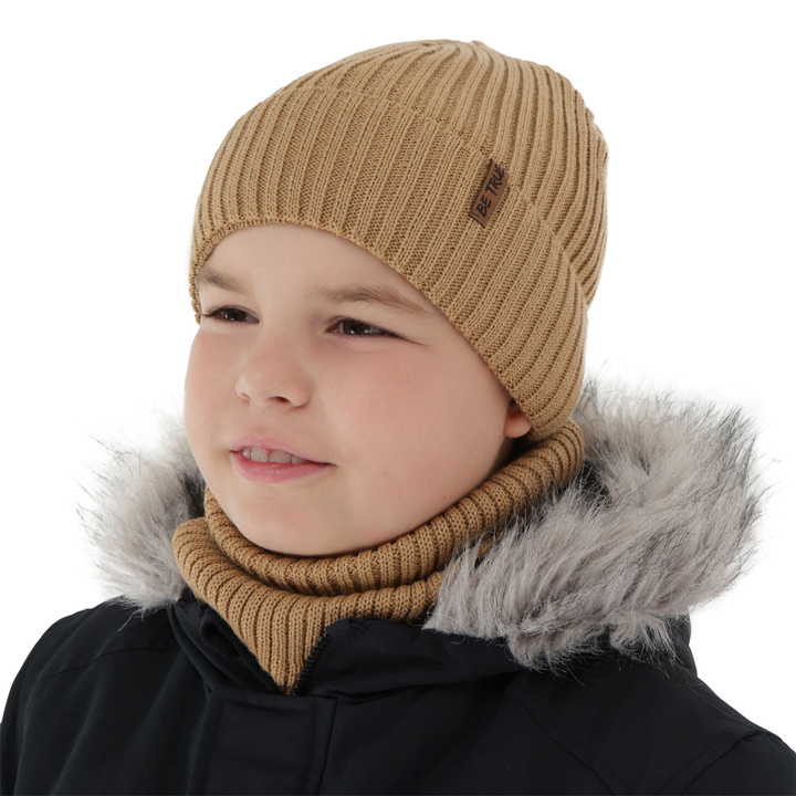 Boy's winter set: hat and tube scarf, camel, with merino wool, Colton