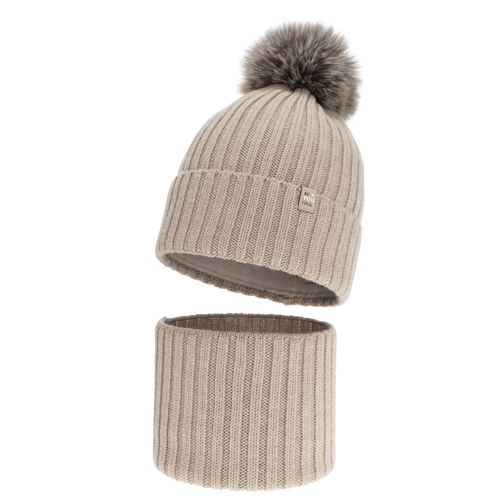 Girl's winter set: hat and tube scarf, beige, 100% merino wool, cotton lining, with pompom, Terida