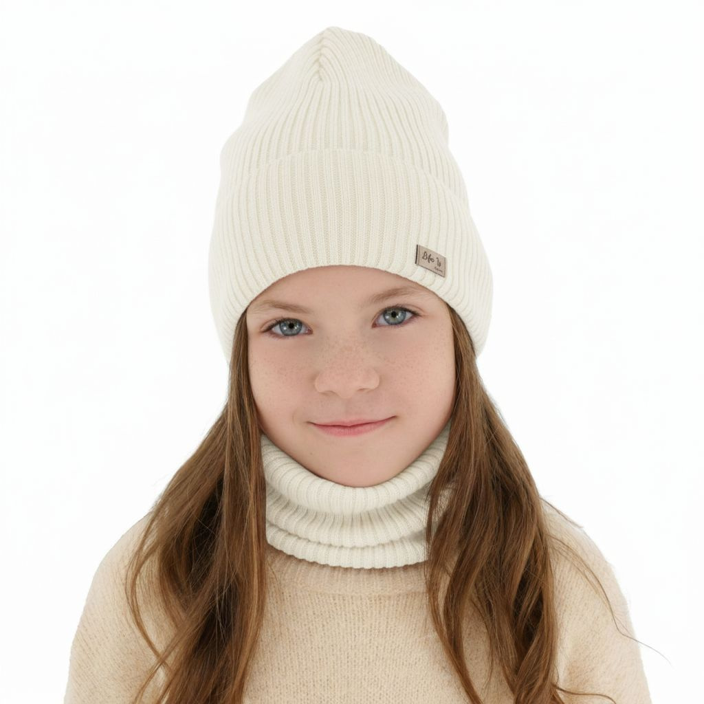 Girl spring autumn set hat and tube scarf ecru 100% extra fine merino wool Itra