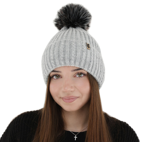 Woman's winter hat, grey, with pompom, Calista