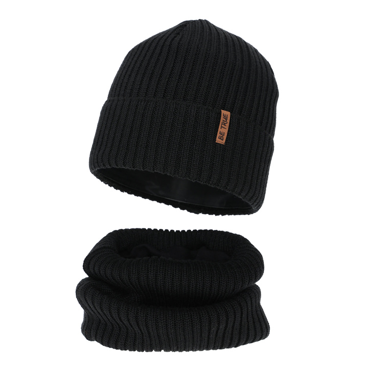 Hat and tube scarf lined with fleece for boy winter set, black, with merino wool, Colton