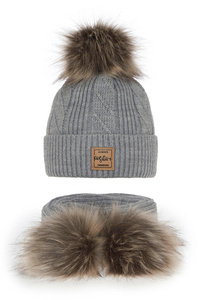 Girl's winter set: hat and scarf grey Gabriela with two pompom