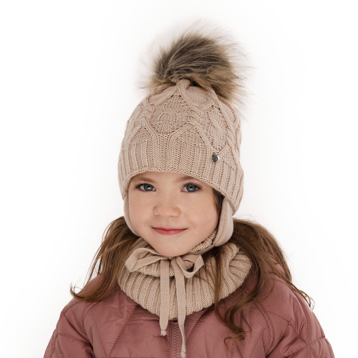 Girl's winter set: hat and tube scarf ecru Elena with pompom