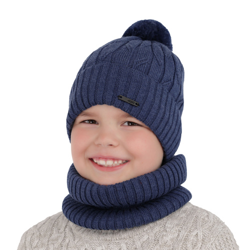 Boy's winter set: hat and tube scarf camel merino wool Talar with pompom