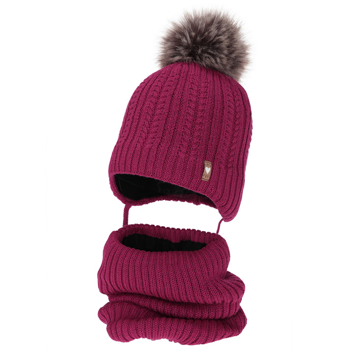 Girl's winter set: hat and tube scarf, amaranth, with merino wool, Muanda