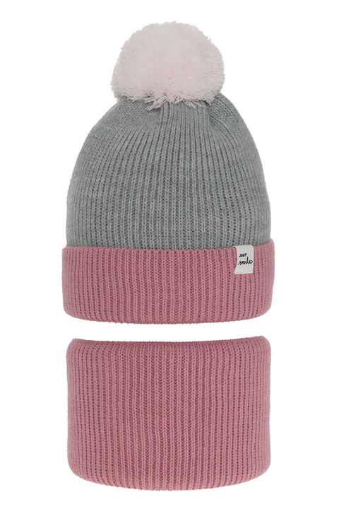 Girl's winter set: hat and tube scarf pink Rosalin with pompom