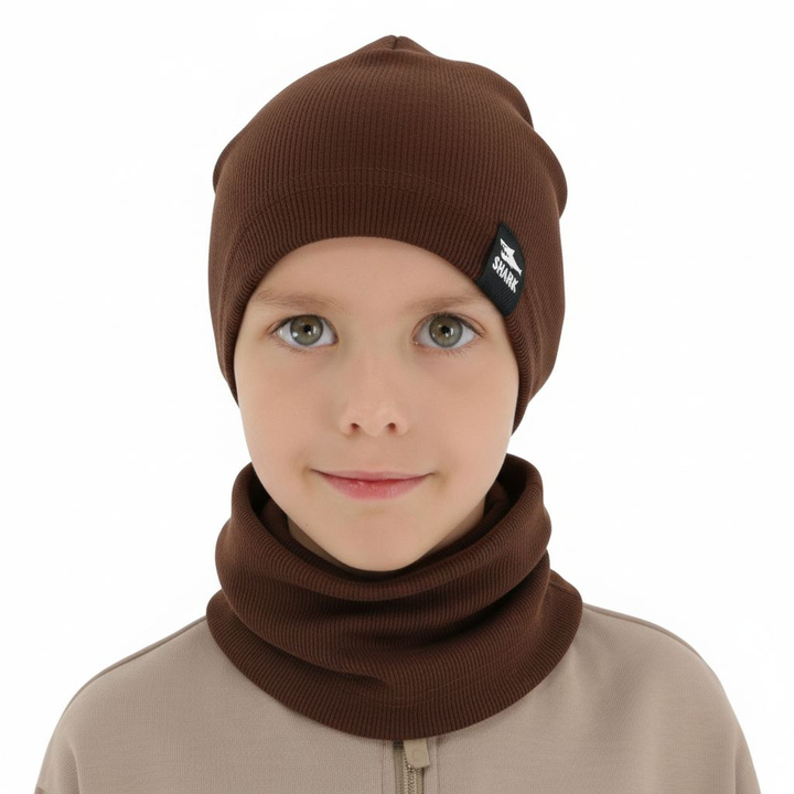 Boy's spring, autumn set: hat and tube scarf, brown Rumel