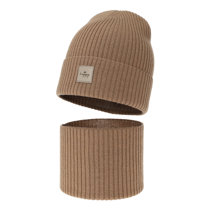 Girl spring, autumn set: hat and tube scarf, camel, 100% merino wool, Vanita