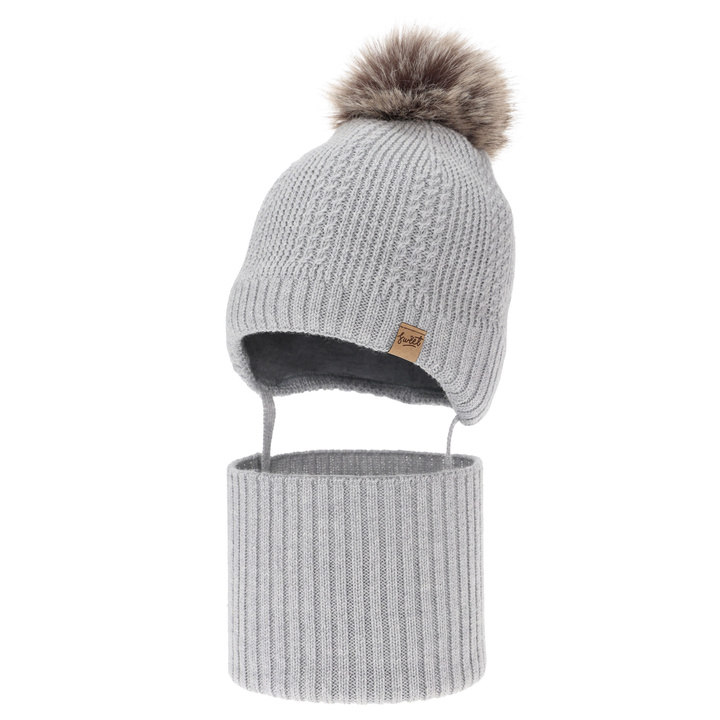 Boy's hat and tube scarf, winter set, grey, 100% merino wool, lined with wool fleece, with ties Danny