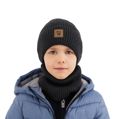 Boy's spring, autumn set: hat and tube scarf navy blue 100% merino wool Vanto