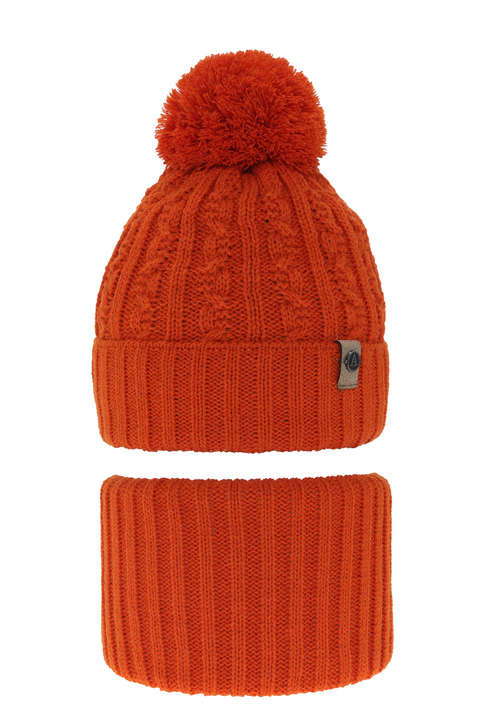 Boy's winter set: hat and tube scarf orange with pompom Almond