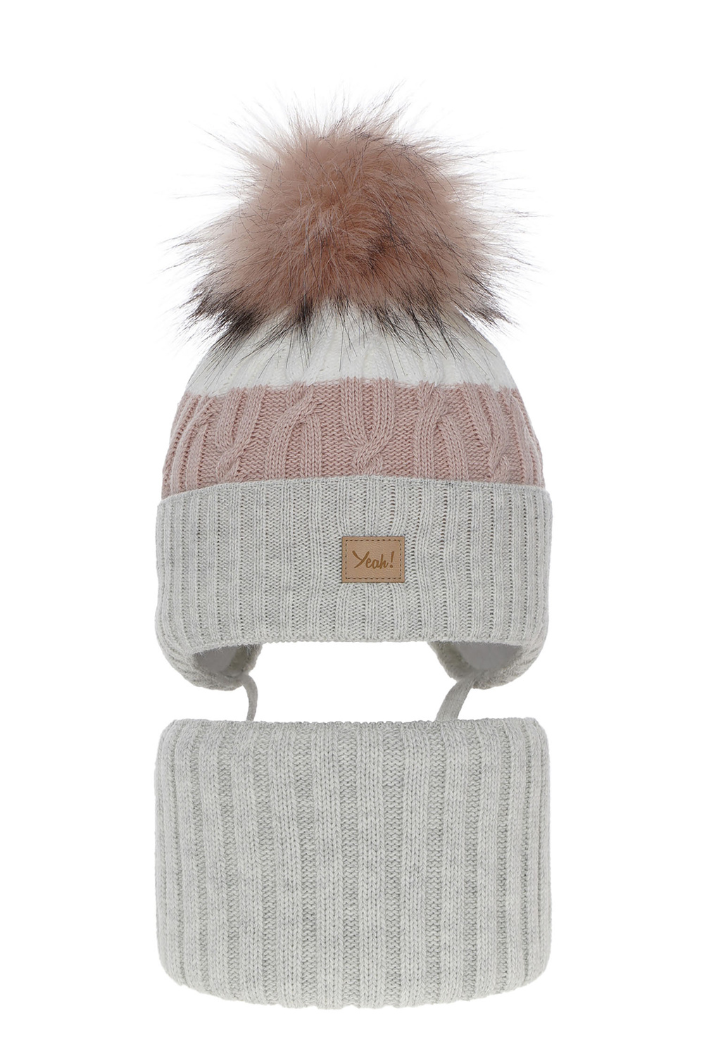 Girl's winter set: hat and tube scarf grey Riviera with pompom