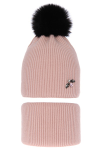 Girl's winter set: hat and tube scarf pink Rawena with pompom