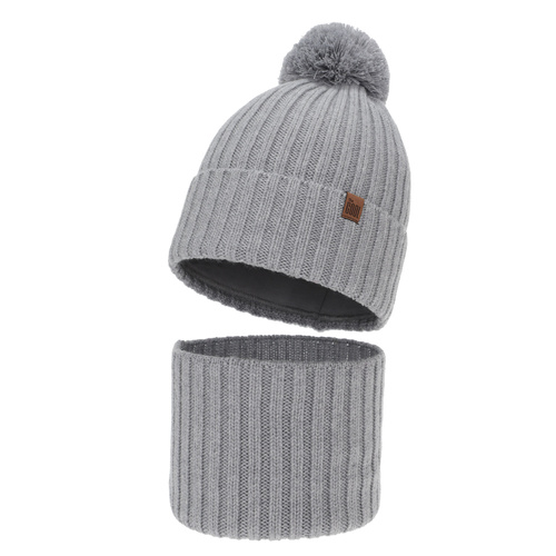 Boy's winter set: hat and tube scarf, light grey, 100% merino wool, cotton lining, Tolmar