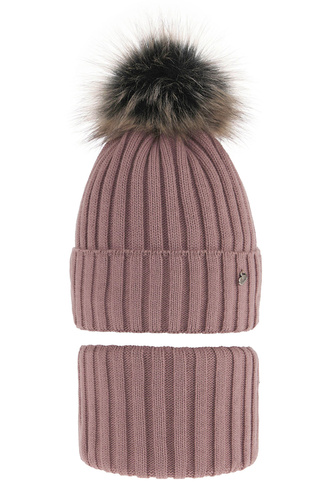 Girl's winter set: hat and tube scarf pink Wilma with pompom