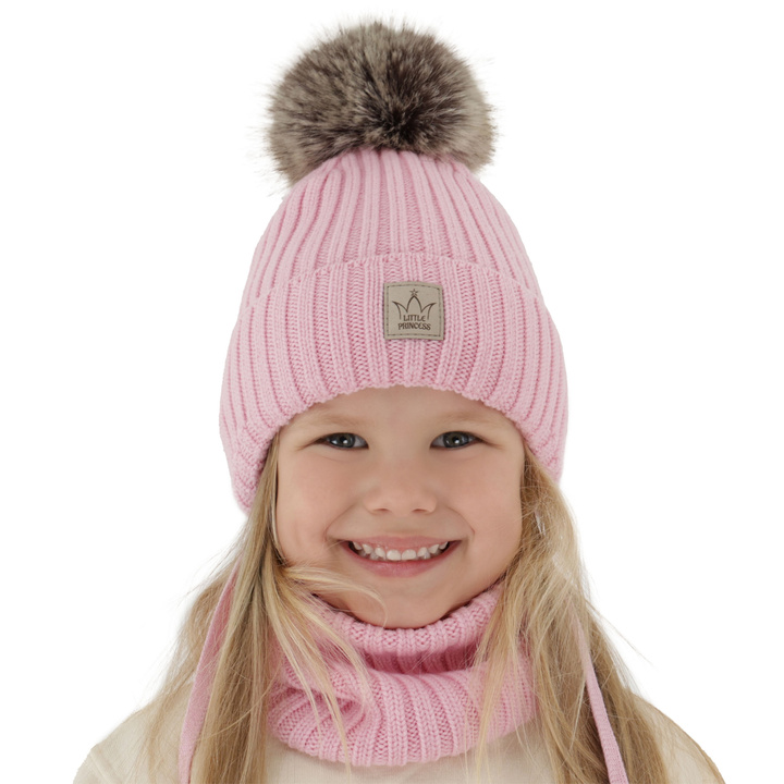 Girl's winter set: hat and tube scarf pink made of 100% extra fine merino wool, lined with wool fleece Martina