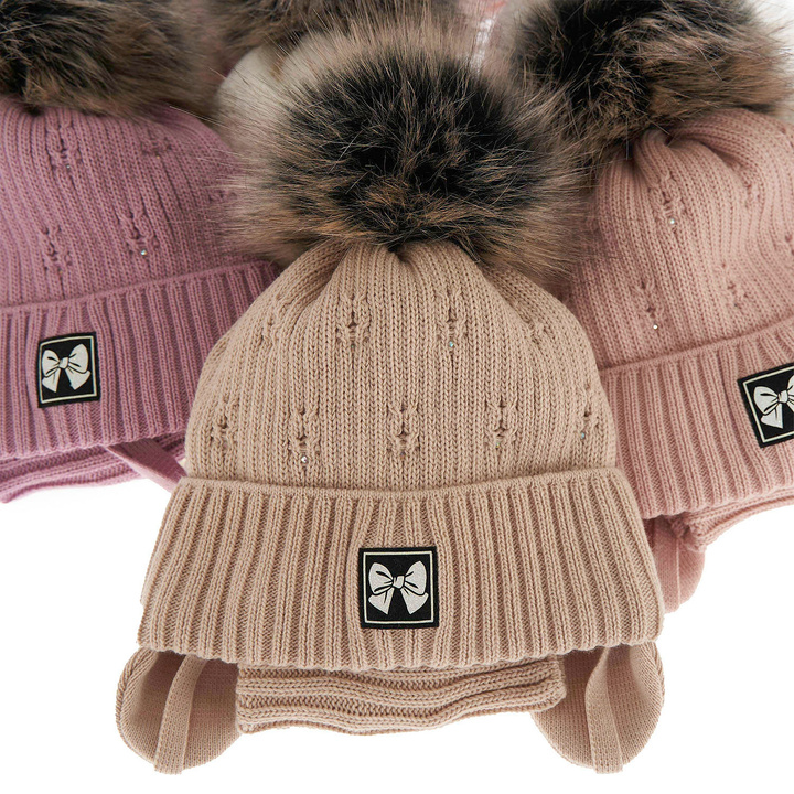 Girl's winter set: hat and tube scarf beige Kinia with pompom