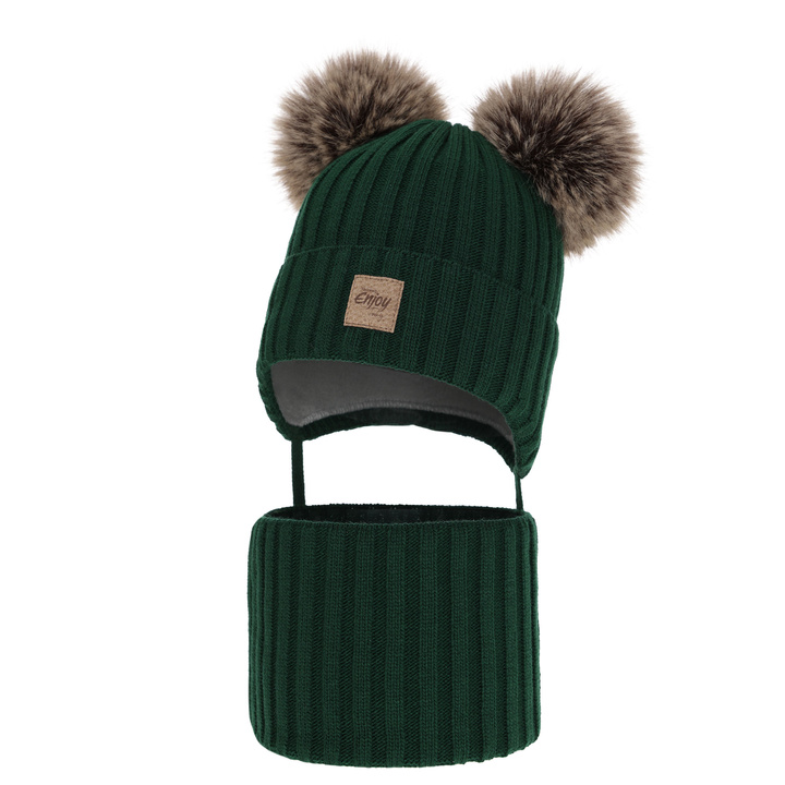 Boy's winter set: hat and tube scarf green with two pompoms Orange