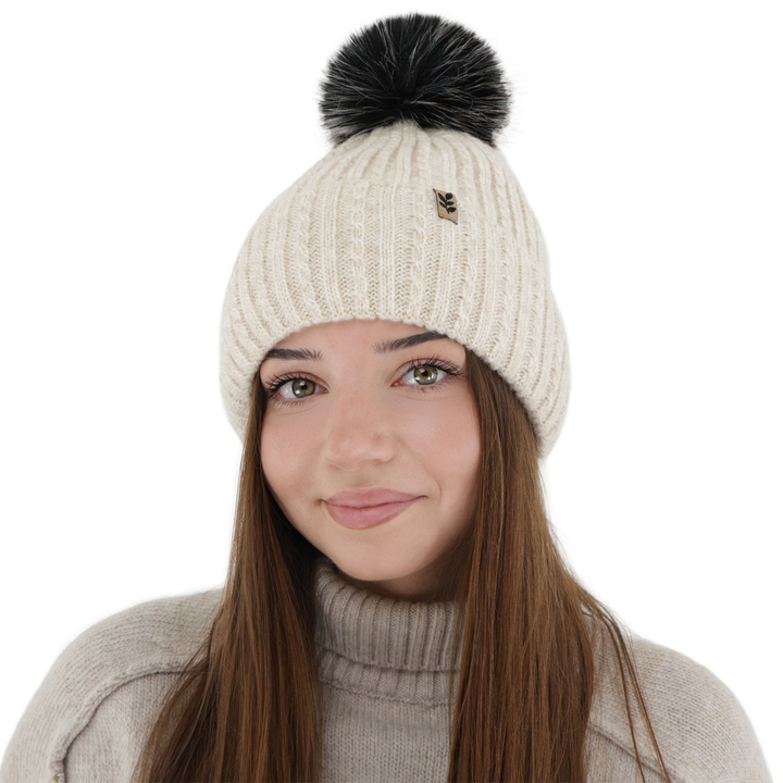 Woman's winter hat, light beige, with pompom, Calista