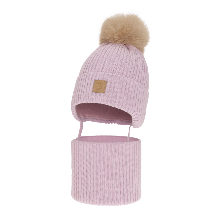 Girl's winter set: hat and tube scarf violet with pompom Betty