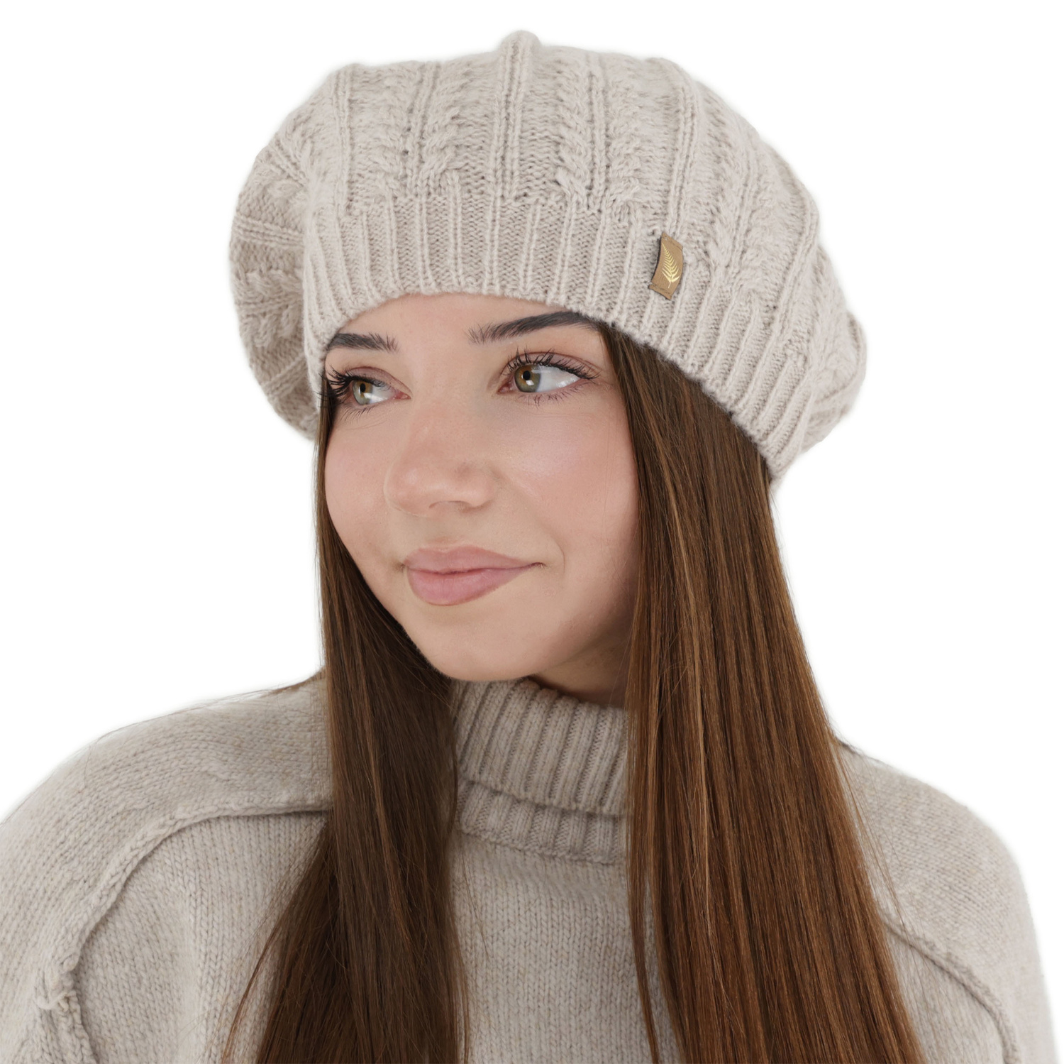 Woman's winter beret, beige, with merino wool, Senja