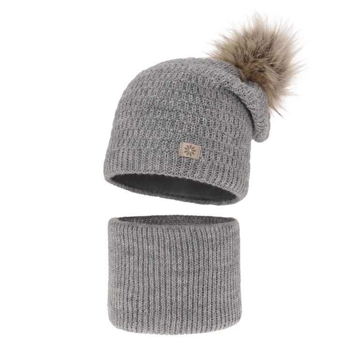 Girl's winter set: hat and tube scarf grey Germina with pompom