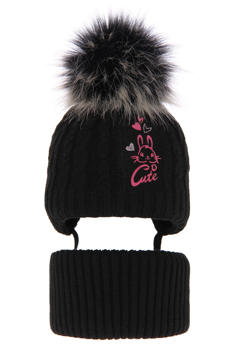 Girl's winter set: hat and tube scarf black Treccia with pompom