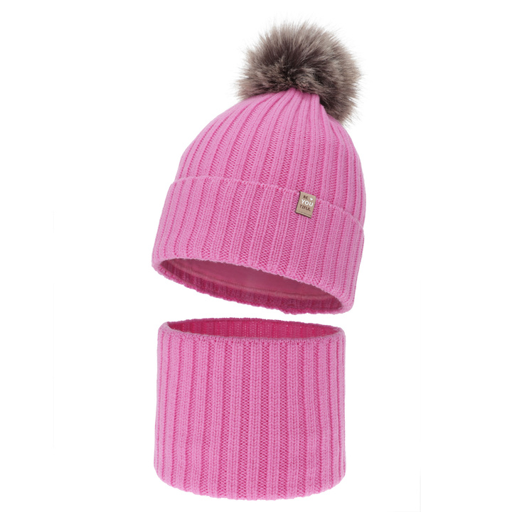 Girl's winter set: hat and tube scarf, 100% merino wool, cotton lining, with pompom, pink, Terida