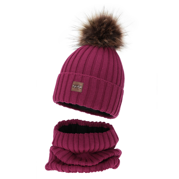 Girl's winter set: hat and tube scarf, burgundy, fleece lining, with merino wool, Bellina