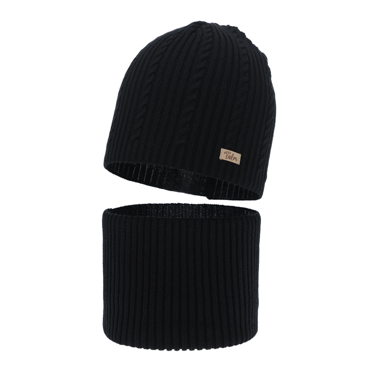 Girl's spring, autumn set: hat and tube scarf, black, with cotton, Ordesa