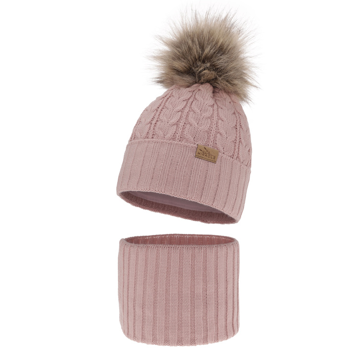 Girl's winter set: hat and tube scarf pink Tanzania with pompom