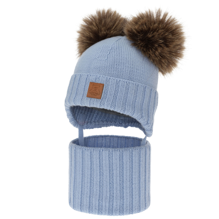 Boy's hat and snood, winter set, sky blue, 100% merino wool, lined with wool fleece, Ronik