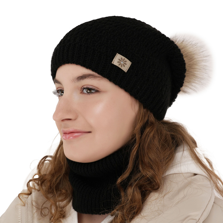 Girl's winter set: hat and tube scarf black Germina with pompom