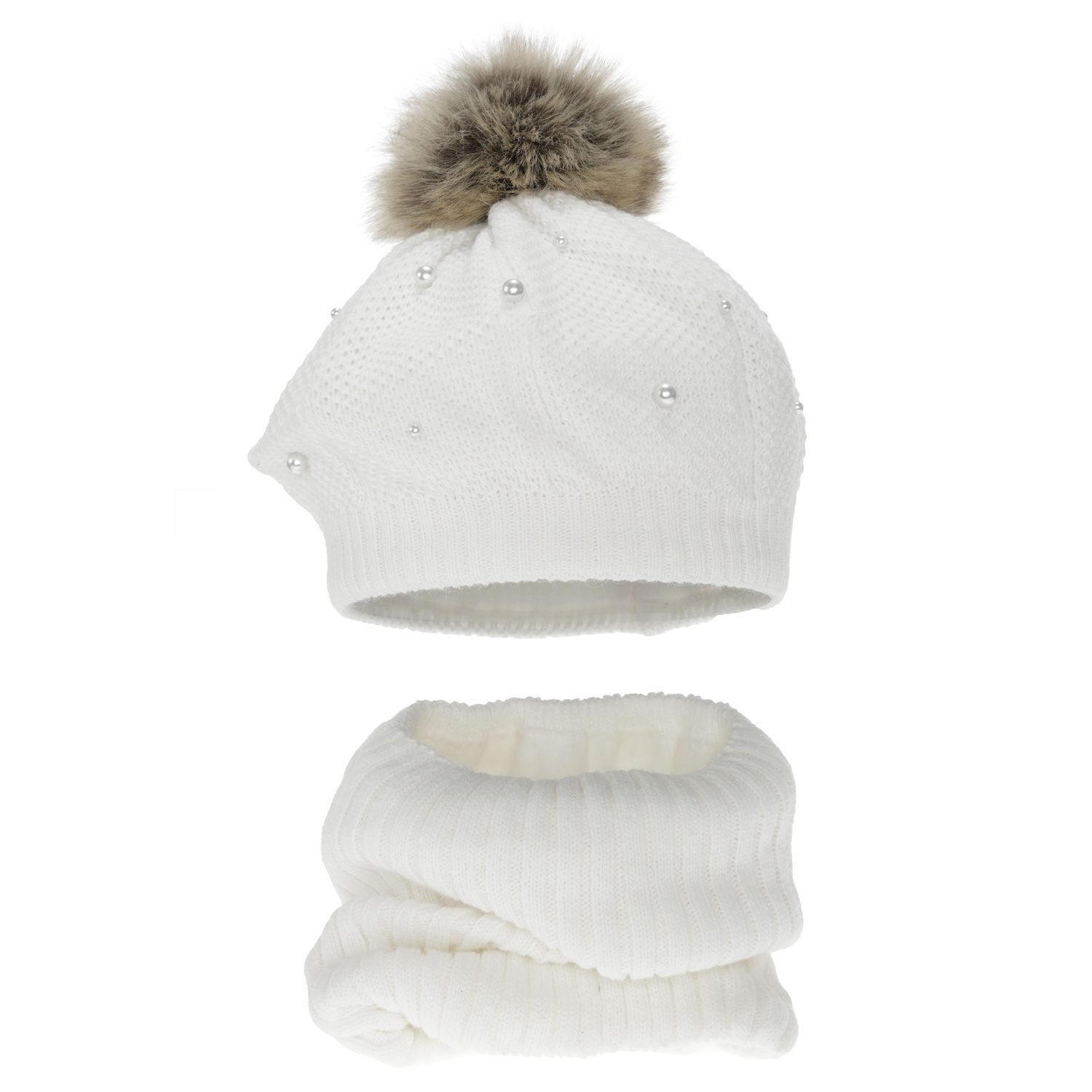 Girl's winter set: beret and tube scarf, white, with pompom, fleece lining, Jeanette