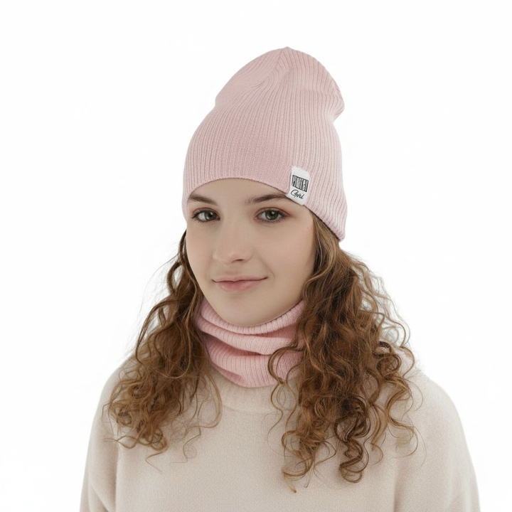 Girl's spring/ autumn set: hat and tube scarf, with cotton, pink Farinka