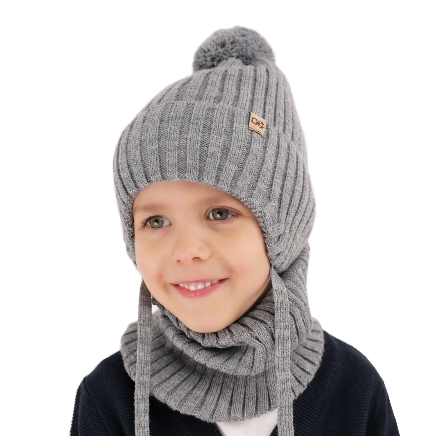 Boy's winter set: hat and tube scarf khaki with pompom Carlo