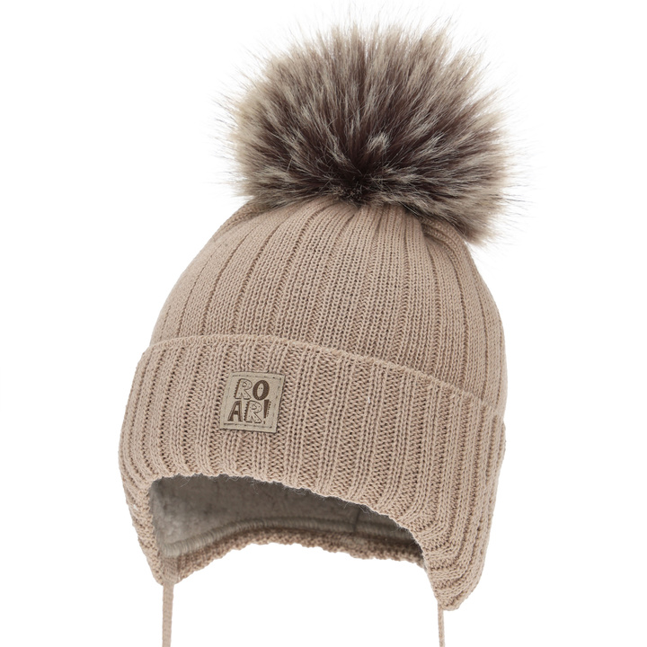 Boy's winter hat with merino wool, beige, with ears, Nabil