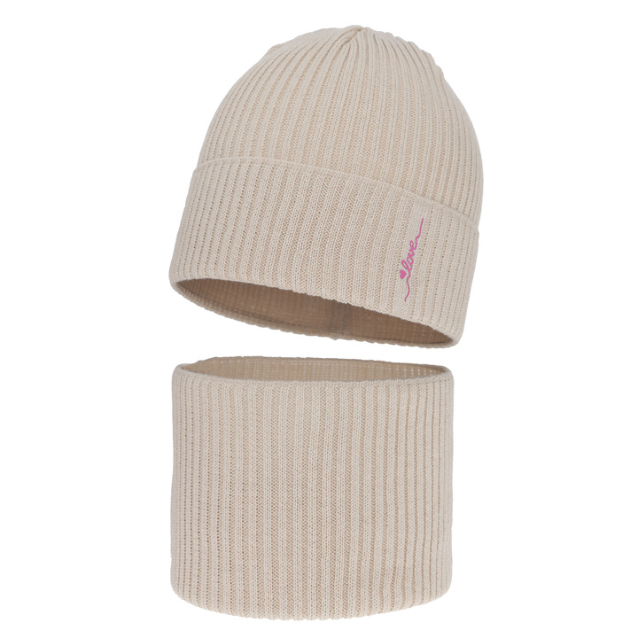Girl's spring/autumn set: hat and tube scarf, with cotton, beige, Elvara