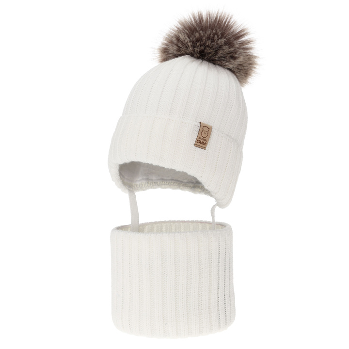 Girl's winter set: hat and tube scarf, white, with pompom Abigail