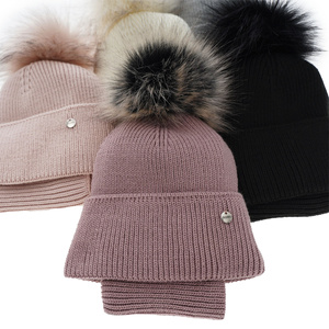 Girl's winter set: hat and tube scarf ecru Reneta with pompom