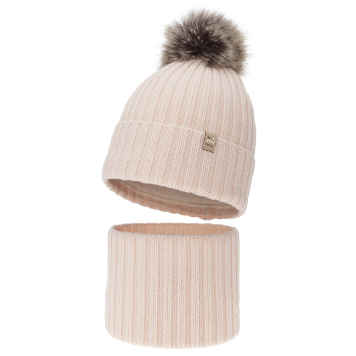 Girl's winter set: hat and tube scarf, light pink, 100% merino wool, cotton lining, with pompom, Terida
